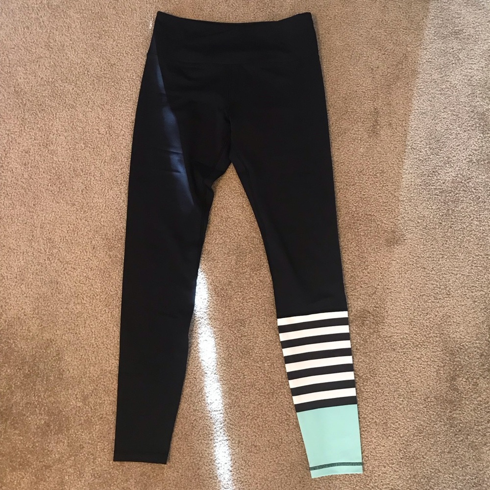 ZYIA Black Leggings with Mint and White Stripes